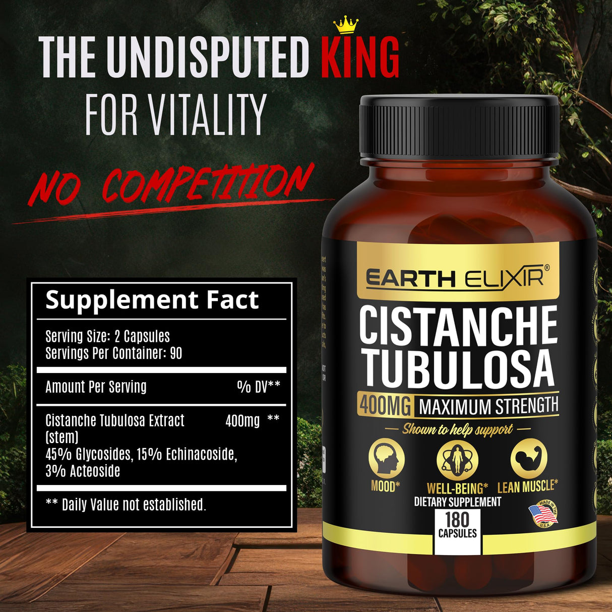 Earth Elixir Cistanche Tubulosa 400 mg (180 Capsules) 3 Months Supply – Made in USA - 3rd Party Tested - Cistanche Supplement - Zero Fillers - Max Purity - Nootropics - 100% Pure Cistanche Herb