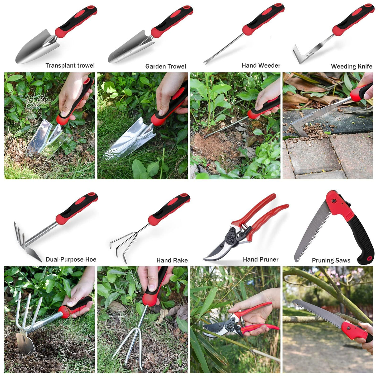 Red Gardening Tools, WisaKey 9 Piece Stainless Steel Heavy Duty Garden Tools with Non-Slip Ergonomic Handle, Garden Tote Bag, Garden kit, Gardening Gifts for Women Mothers
