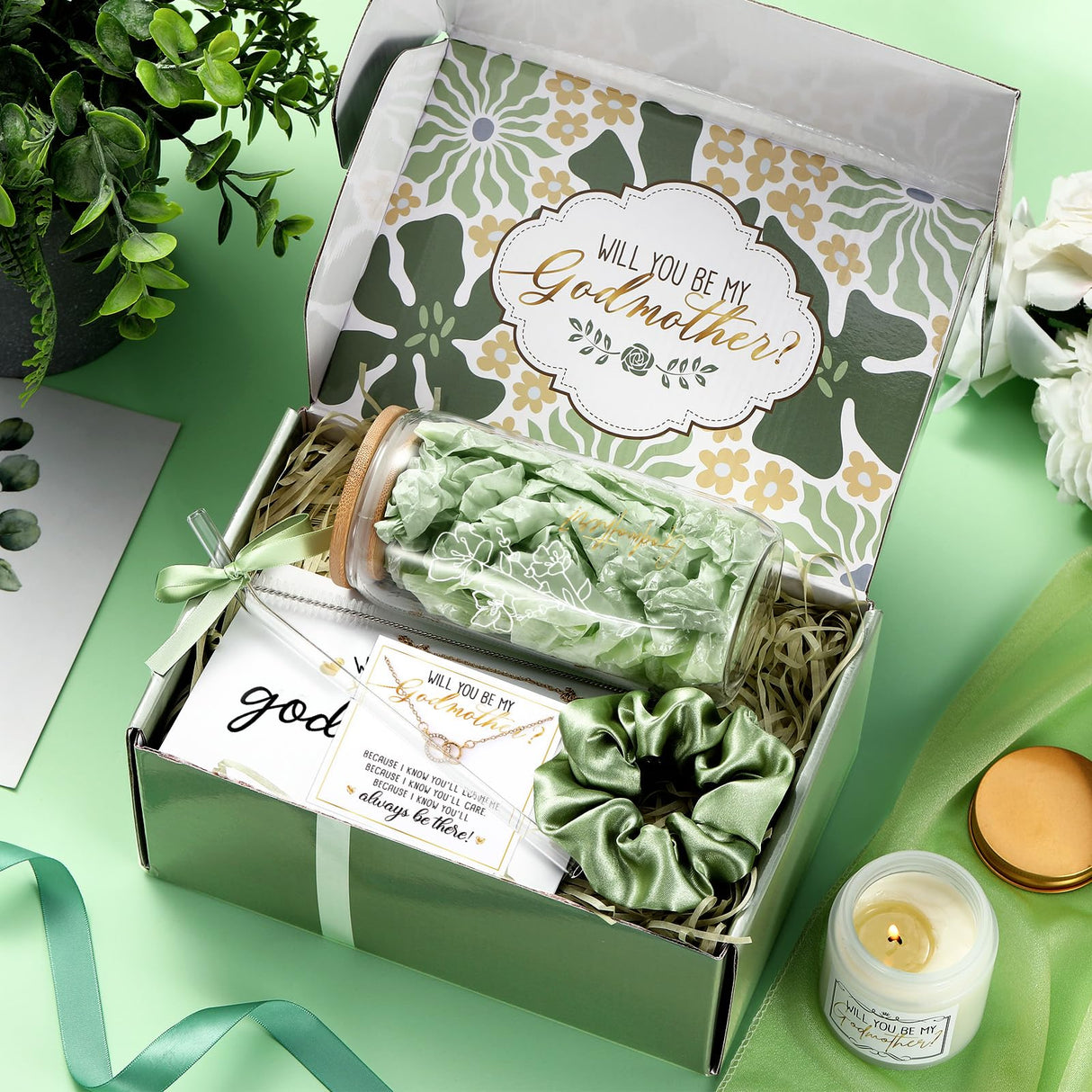 Singhoow 6 Pcs Godmother Proposal Gift Set Will You Be My Godmother 16oz Glass Cup Necklace Scented Candle Gift Box from Godchild for Mother's Dayy Christmas Birthday Baptism(Sage Green)