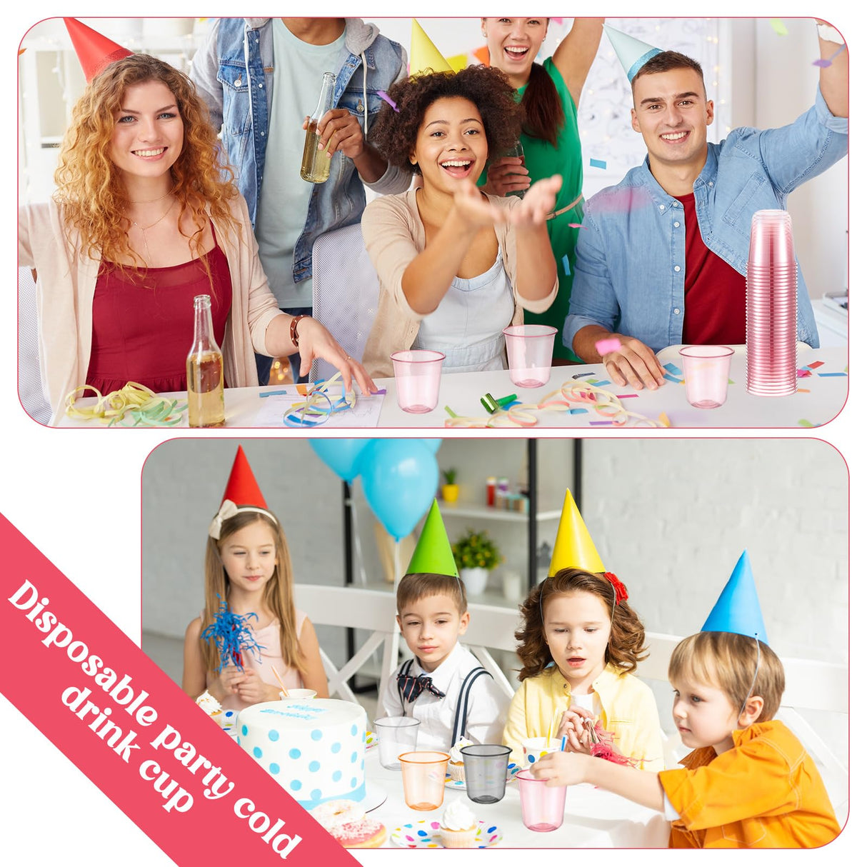 Ziliny 50 Pcs Disposable Stemless Glasses 12oz Crystal Plastic Wine Glasses Clear Classic Pet Cup for Meeting Weddings Birthdays Cocktail Christmas Party Supplies (Pink)