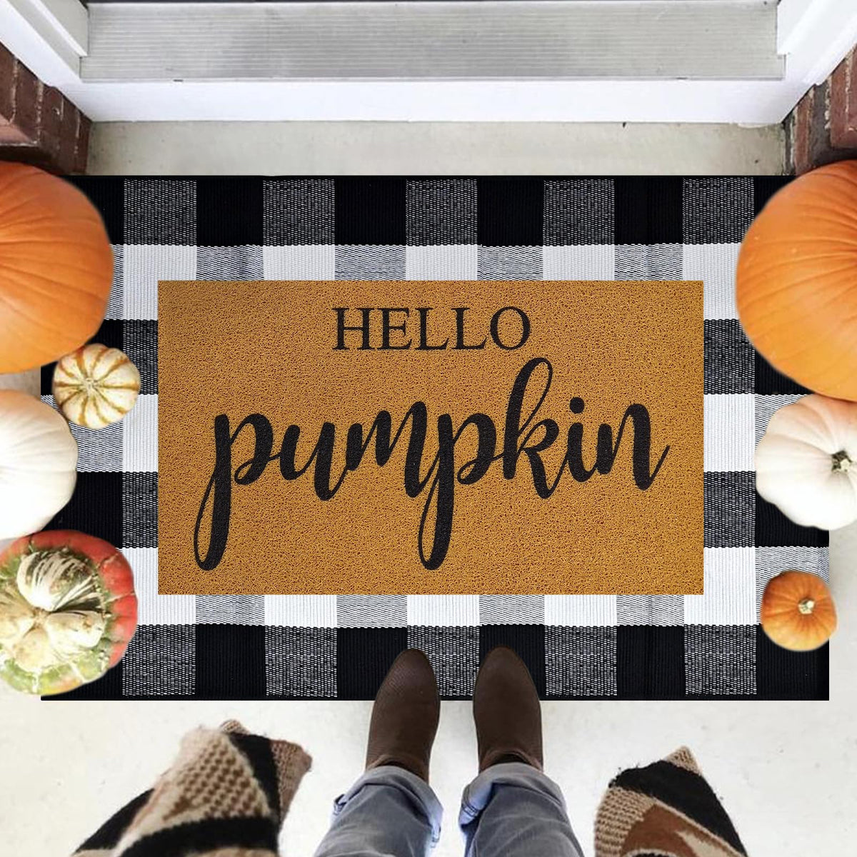 2 Pcs Fall Door Mat Combo Set Imitation Coir Welcome Mat, 43" x 28" Buffalo Plaid Rug Outdoor for Fall Halloween Thanksgiving Rustic Farmhouse Indoor Autumn Mats Hello Pumpkin (Black and White Plaid)