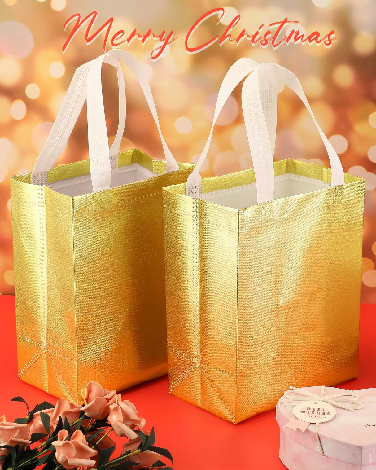 Eccliy 80 Pieces Gift Bags Set Glossy Reusable Tote with Handles Grocery Bags for Wedding, Halloween, Thanksgiving, Christmas(Medium,Gold)
