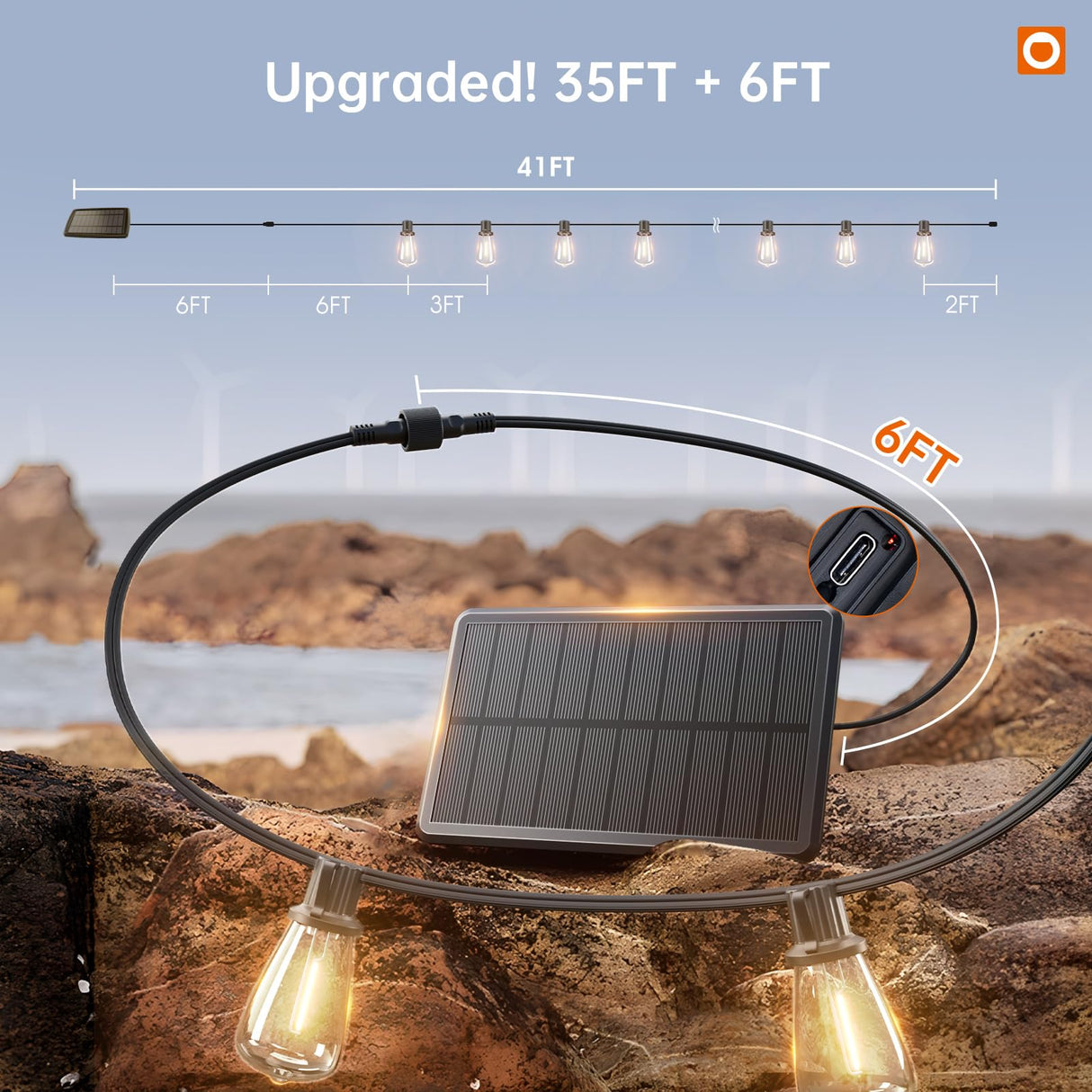 addlon 35FT Solar String Lights Outdoor, IP54 Waterproof Solar Powered with Remote & USB Port, 10+1 LED Shatterproof Bulbs, Dimmable Solar Light Outdoor for Camping Backyard Bistro Porch