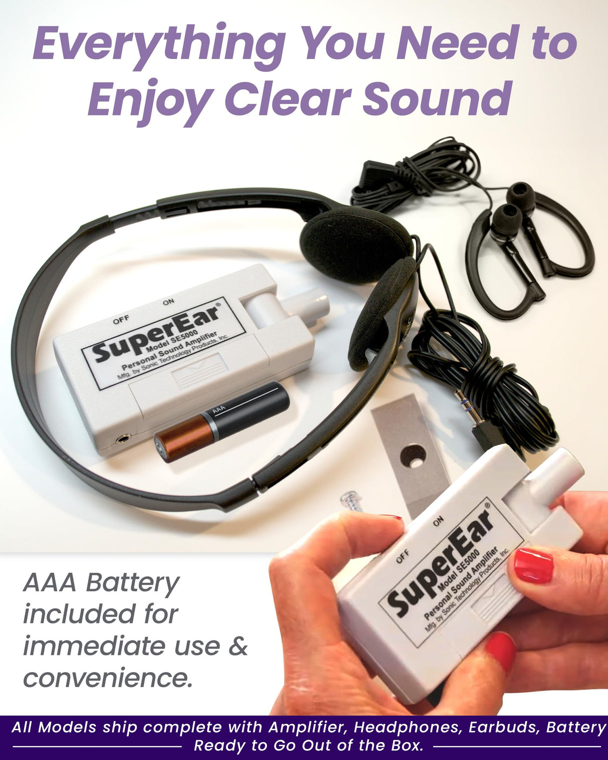 SuperEar Personal Sound Amplifier Model SE5000 (PSAP), 50dB Gain, Hand Held Pocket Size Audio Amplifier with Headphones, EarBuds, Tactile On/Off Volume Control for Adults, Audiologists, and Seniors