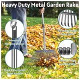 Jesosia Garden Rake for Leaves with Leaf Bag & Gloves - 65 Inch Adjustable 25 Tines Metal Rake Set with 72 Gallon Reusable Yard Waste Bags for Gardening Lawns Outdoor Camping Shrub Grass Bush