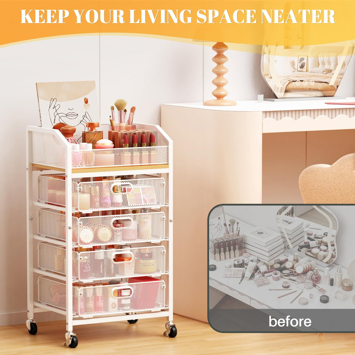 SUNALLY Rolling Makeup Cart with Drawers, Rolling Vanity Nail Cart, White