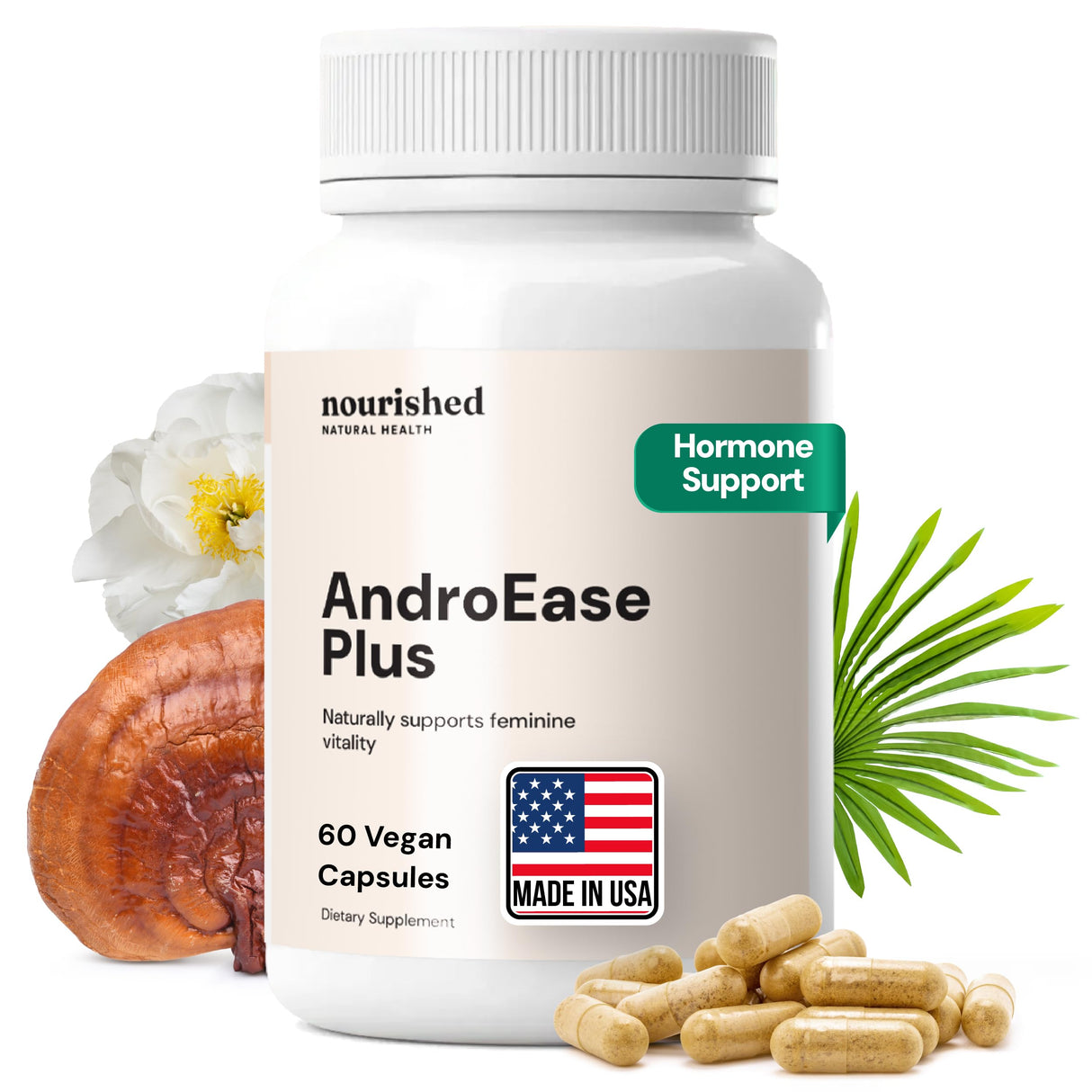 Nourished AndroEase Plus - Vegan Hormone Balance for Women - Zinc, Reishi, Green Tea and Saw Palmetto for Women - for Energy, Vitality, Facial Hair and Daily Wellness - 60 Capsules, Made in USA