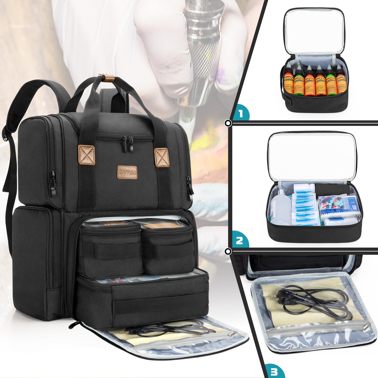 BAFASO Tattoo Backpack with 3 Inner Removable Pouches, Tattoo Case Holds Tattoo Stencil Printer and Tattoo Supplies (Bag Only), Black