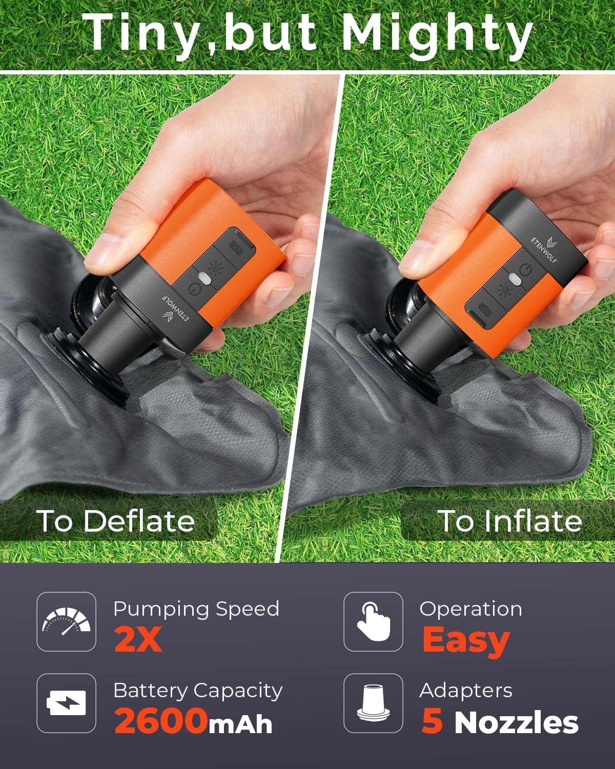 ETENWOLF AIR 3 Air Pump for Inflatables with 2600mAh Battery& Camping Light
