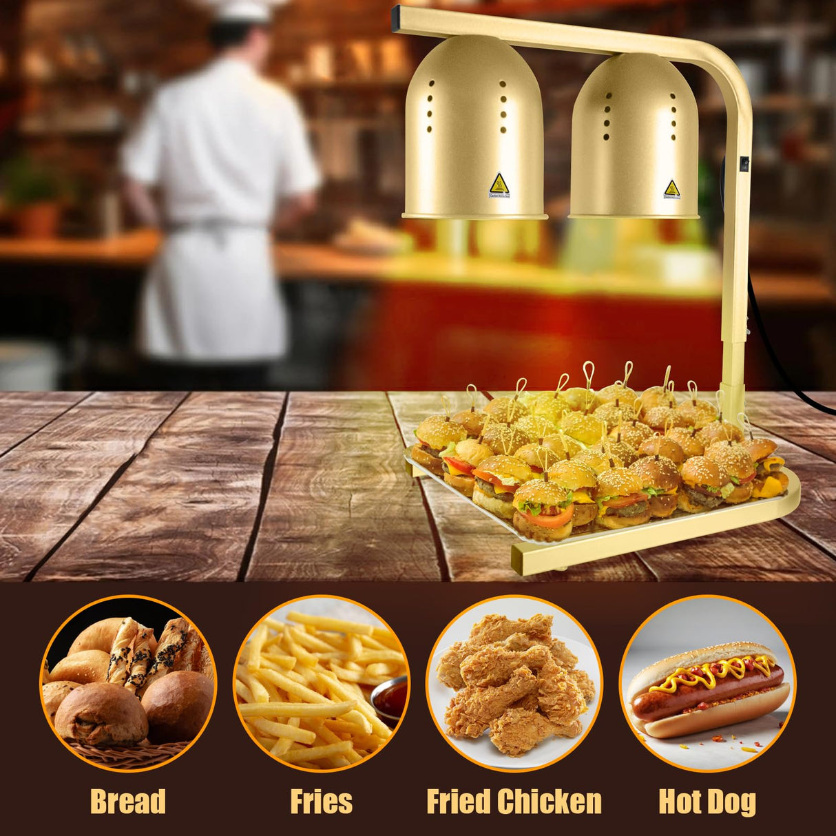 VORIGY Heat Lamp for Food, with Two 250W Bulbs for Fast and Even Heating, Food Heat Lamp with Adjustable Height Stand, Commercial Food Warmer Lamp for Home, Fast Food Restaurant, Buffet, Bakery, Gold