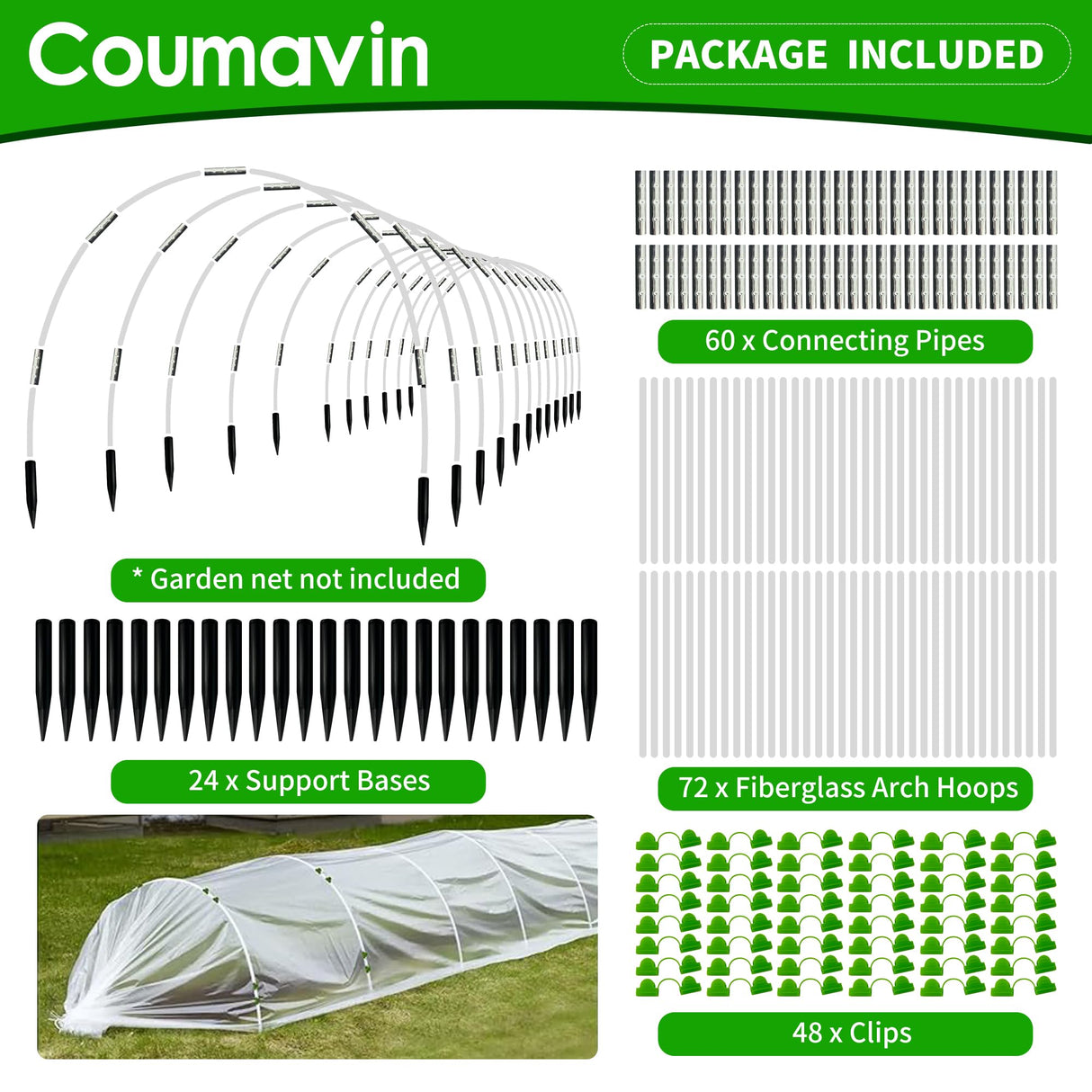 8FT Rust-Free Fiberglass Garden Hoops -72 PCS DIY Grow Tunnel Kit for Raised Beds, Row Cover Support with Connectors/Clips, Sun Shade &Year-Round Plant Protection, White