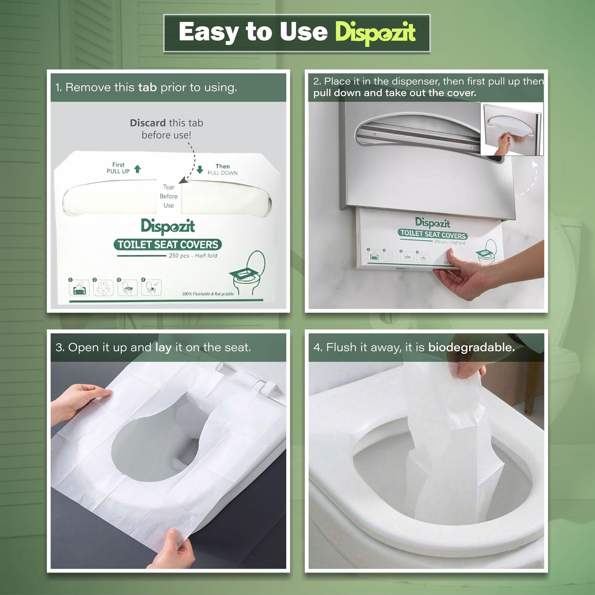 1250 Pcs Disposable Flushable Toilet Seat Covers (5 Packs of 250 Pcs) | 100% Biodegradable Commercial Toilet Seat Covers | Half-Fold Wall Dispenser Compatible | DISPOZIT Safe Liners