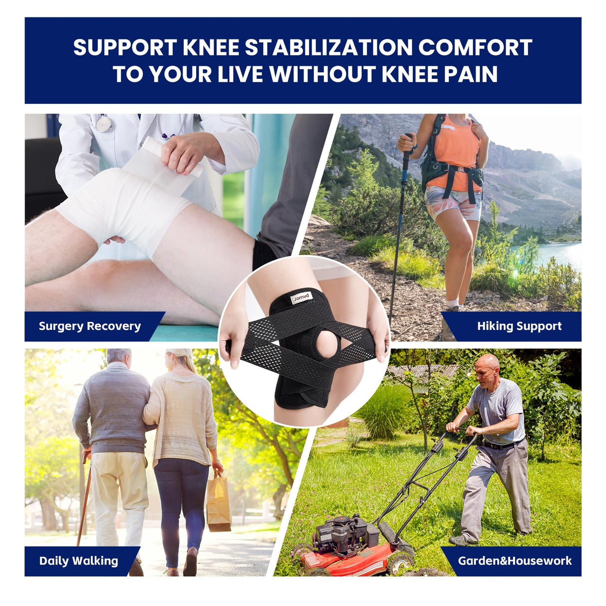 JOMVD Knee Brace for Meniscus Tear, Knee Pain, Adjustable Breathable Knee Support with Side Stabilizers for Knee Pain Arthritis Recovery Joint Support, Women and Men