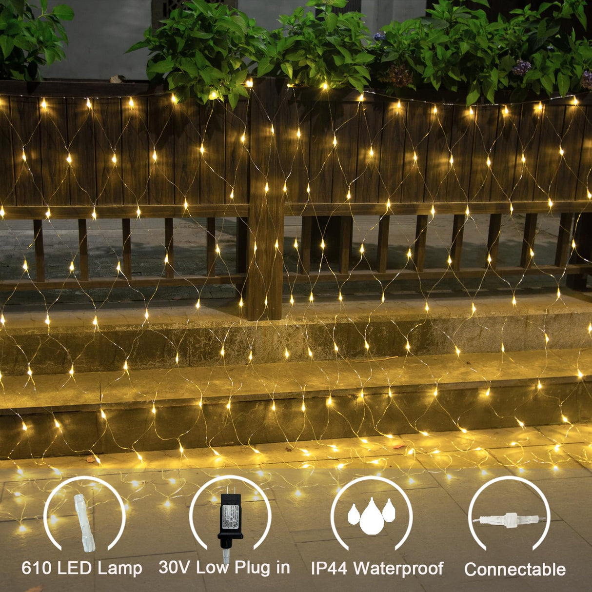 Lovelite 610 LED Christmas Net Lights, 34.5ft x 5ft Mesh Lights Outdoor Clear Wire 8 Modes, Waterproof Connectable String Lights Plug in for Bushes Xmas Tree Garden Holiday Party Decor - Warm White