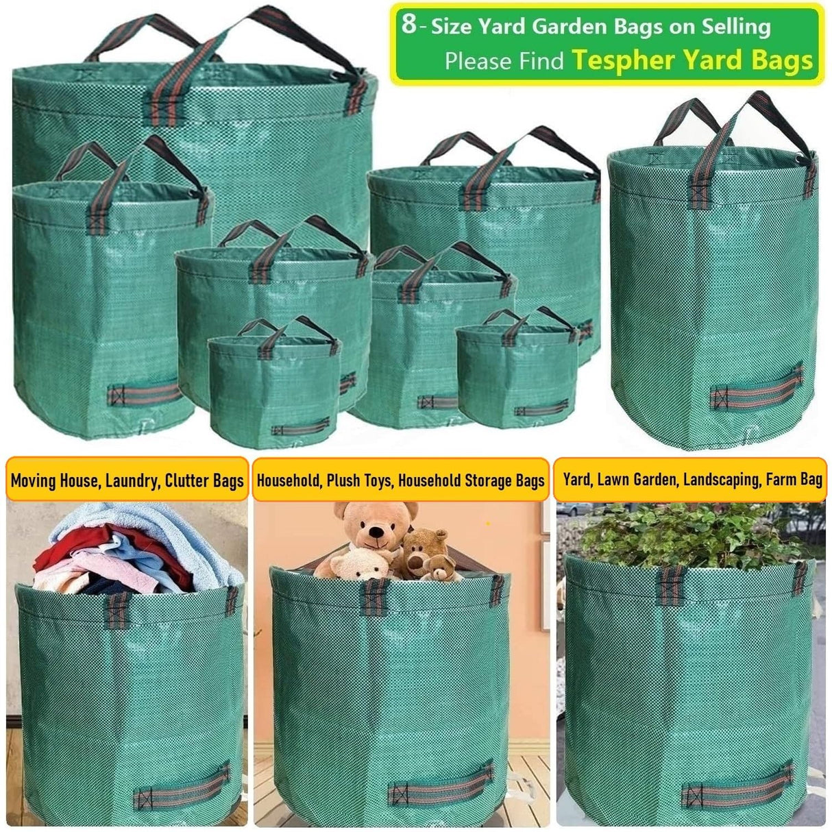 Professional 3-Pack 63 Gallon Lawn Garden Bags Large (D31,H19 inch) Yard Waste Bags W/Gardening Gloves,Standable,Reusable Leaf Bag,Lawn Debris Bin,Garden Trash Container,Plant Trimmings Bag 4 Handles