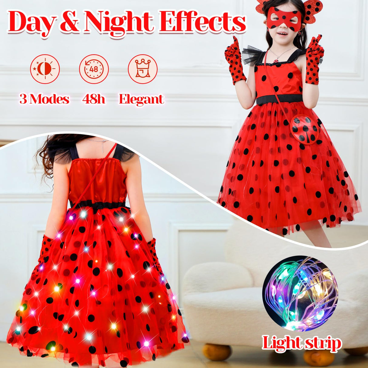 CIYTI Girls Light up Ladybug Costume, Light Up Princess Costume Dress Kid Toddler Princess Dress Halloween Christmas Dress Up Children Clothing (5-6 Years)