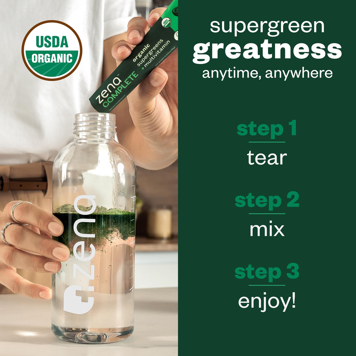 Zena Complete Organic Super Greens Powder & Multivitamin, 90+ Supergreens, Fruits, Veggies, 0 Sugar, 5G Fiber, Pre & Probiotics, Watermelon Citrus Flavor, 30 Packets