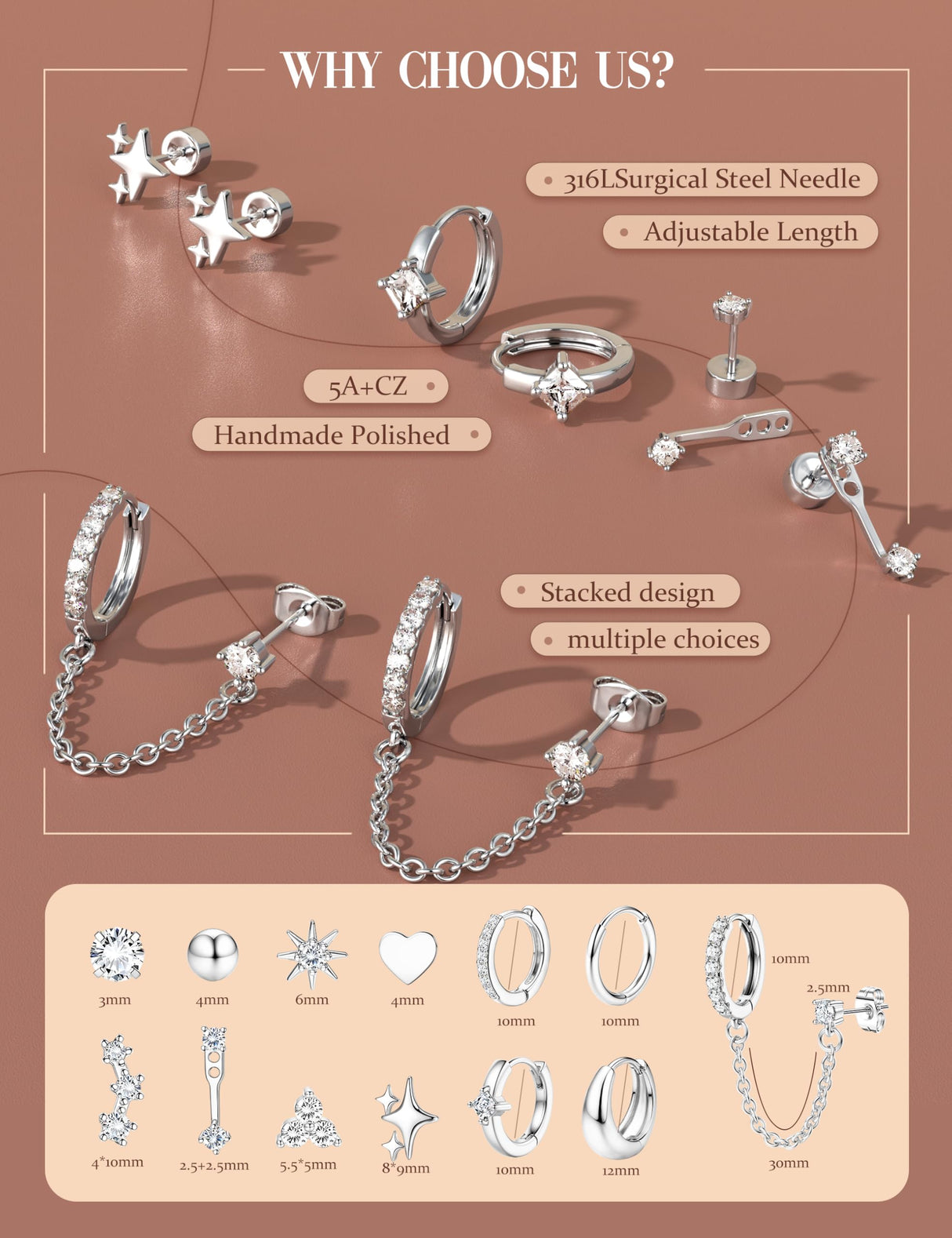 Florideco Silver Plated Flat Back Earrings Hypoallergenic Surgical Steel Earrings for Women Trendy Cartilage Chain Hoop Earring Studs Star Heart CZ Flatback Stud Earring Pack