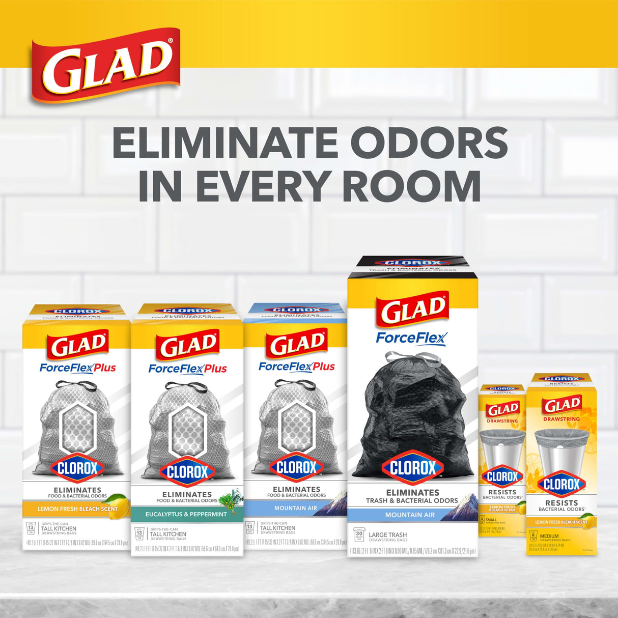 Glad Small Trash Bags 4 Gallon, Lemon Fresh Bleach Garbage Bags, Odor Resistant with Drawstring, 80 Count