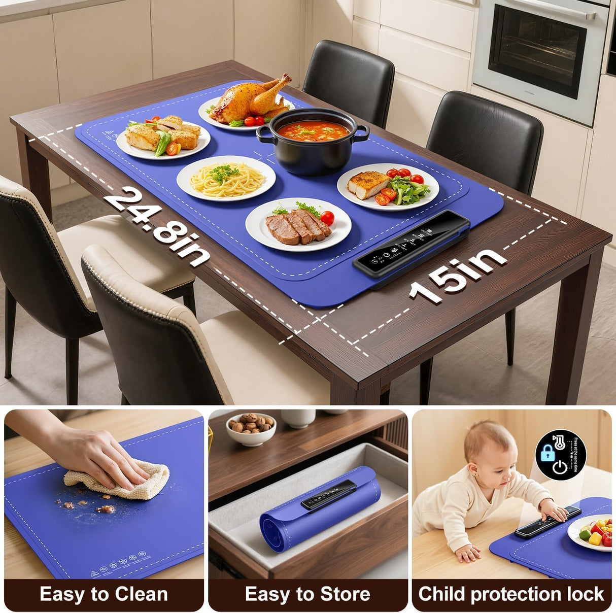 Warming mat for Food, Food Warming Mat - New Upgraded Fast Heating Silicone Electric Warming Tray, Larger Touch Screen, Higher Feet, Roll Up Warming Mat for Food, Portable Food Warmer, Blue