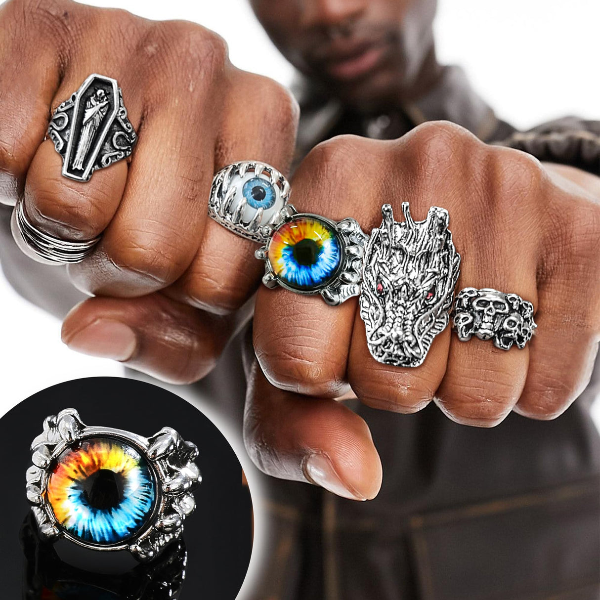 EIELO 24Pcs Vintage Punk Rings Set for Men Cool Gothic Chunky Rings Statement Snake Claw Skull Dragon Eyes of Hell Open Boho Ring Set
