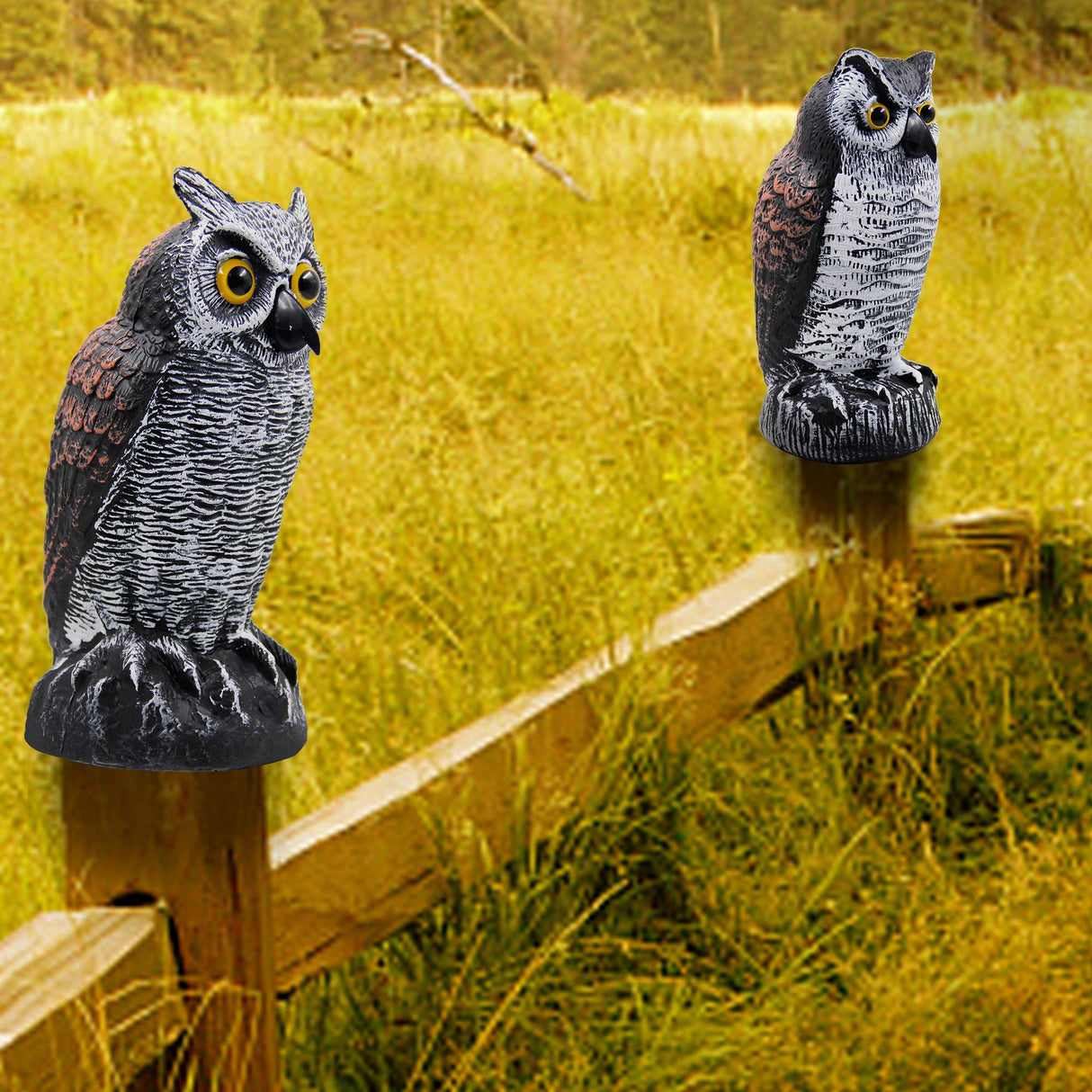 Hausse 2 Pack Fake Horned Owl Bird Scarecrow Decoy 10.5 Inch Height, Plastic Deterrents, Halloween Decoration, Nature Enemy Pest Repellent for Outdoor Garden Yard