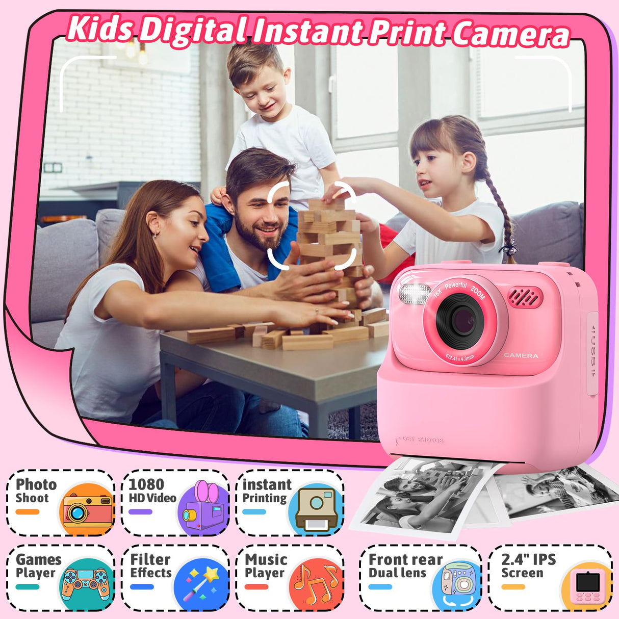Kids Instant Digital Cameras for Boys and Girls, 1080P HD Dual-Lens Selfie Digital Camera with Print Paper & 32G Card, Christmas Birthday Gifts Toys for Toddler and Teenagers Age 3-16 Years Old