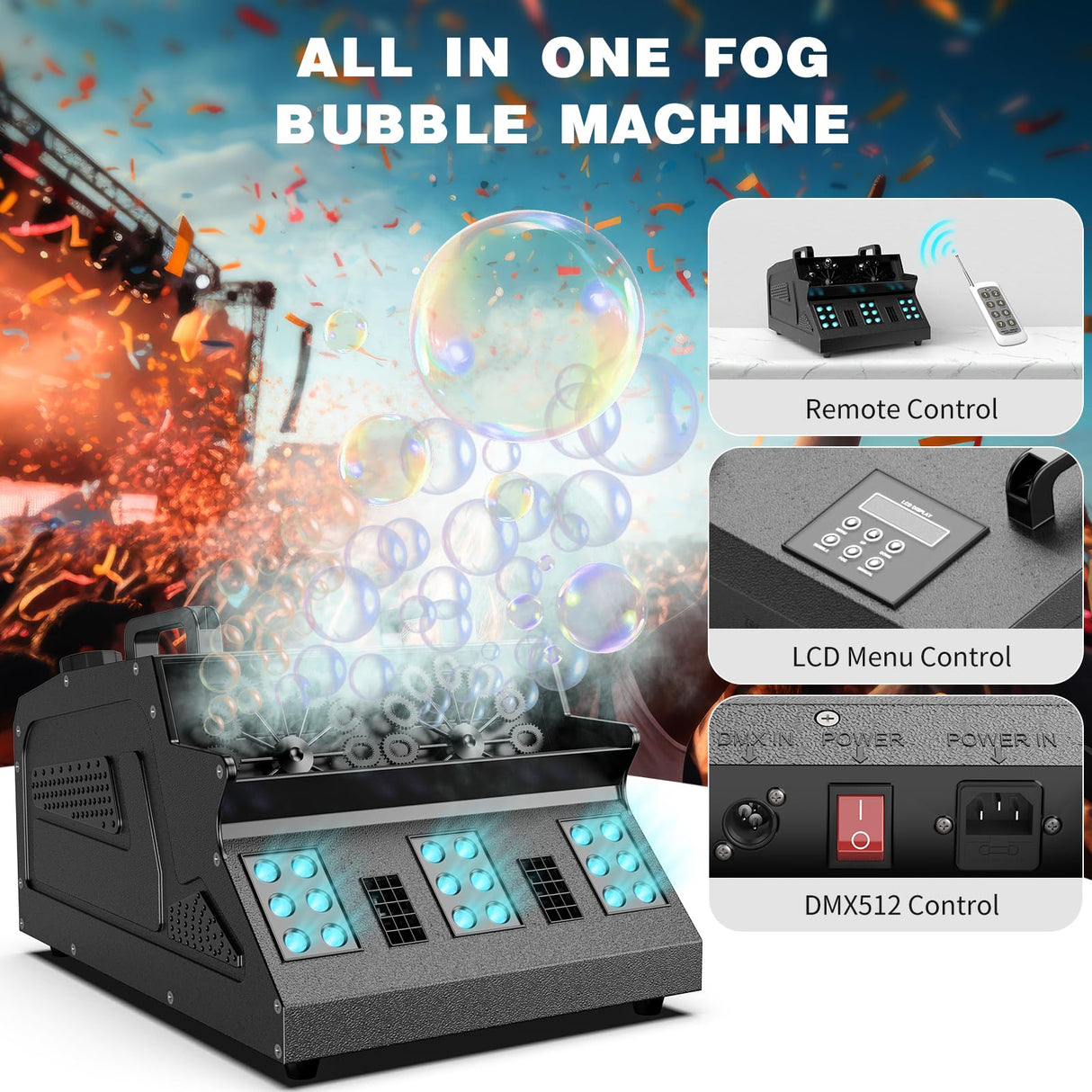 Fancybling 2000W Fog Machine, 3 in 1 Fog Bubble Machine with 2 Bubble Fans, 18 RGB LED Lights Smoke Bubble ALL IN ONE Fog Machine, Bubble Machine for Halloween Christmas Party Wedding Birthday