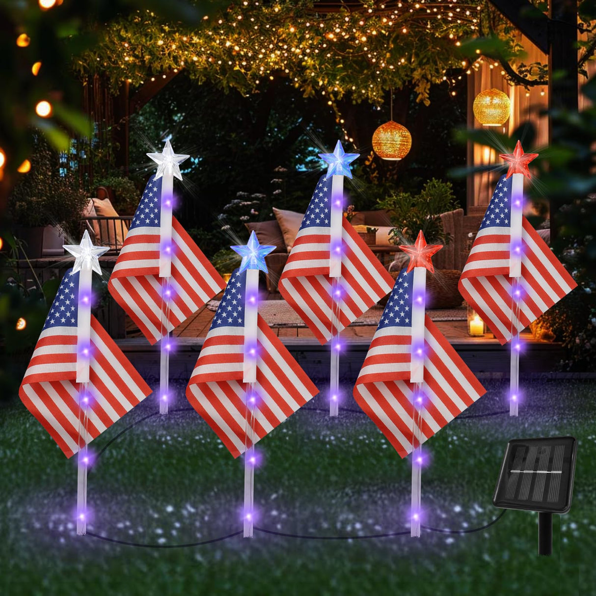 X-GiftKey 4th of July Decorations Outdoor American Flag Lights, 6-Pack Red White and Blue Solar Stars Lights with 6 USA Flags & 30LED,Bright Patriotic Pathway Lights for Memorial Day Yard Lawn Decor