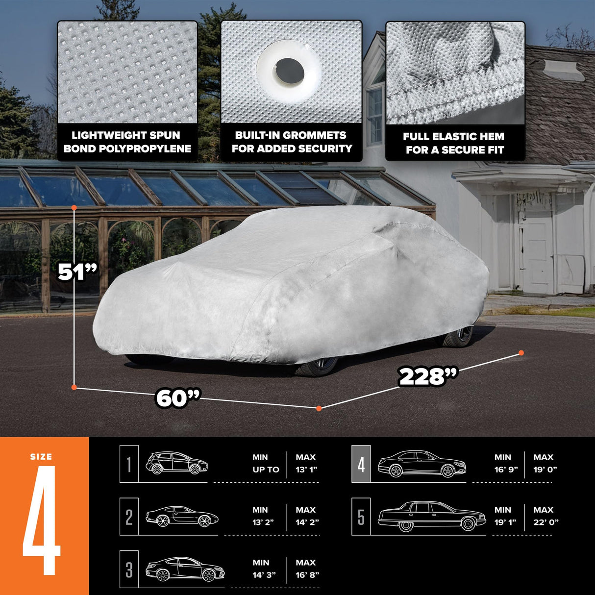 Budge Lite Car Cover, Indoor Protection, Breathable Dustproof Cover, Fits Full-Size Sedans up to 228 Inches, Gray, Size 4