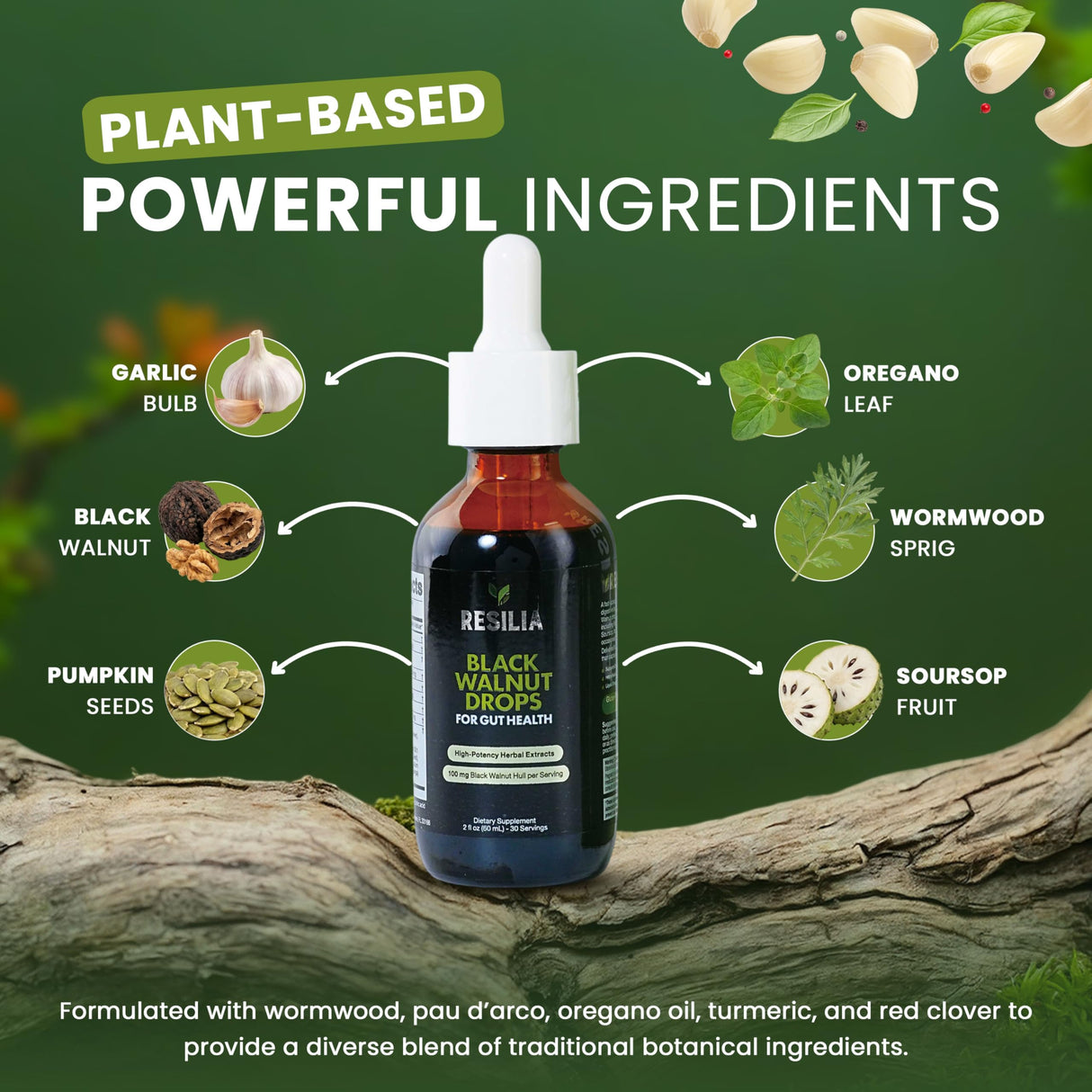 Resilia Herbal Cleanse Liquid Drops – Black Walnut & Wormwood Extract with Pumpkin Seed, Garlic & Turmeric – Alcohol-Free Vegan Tincture for Digestive & Daily Wellness Support, 2 fl oz