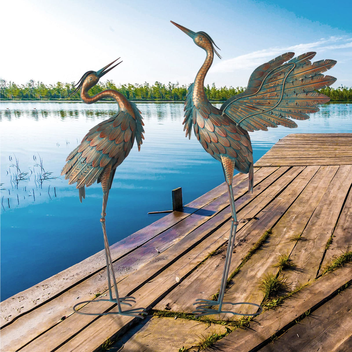 Oritty Crane Statues for Garden Decor, Metal Crane Yard Art Statues, Standing Heron Garden Sculptures & Statues for Outdoor Decorations, 38-42 Inch Set of 2, Copper