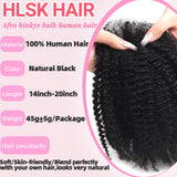 HLSK Afro Kinkys Bulk Human Hair 20Inch 45g±5g/Pack for Dreadlock Extensions,Repair Locs, Twists and Braids Afro Kinky Curly bulk 100% Human Hair Natural Black Color