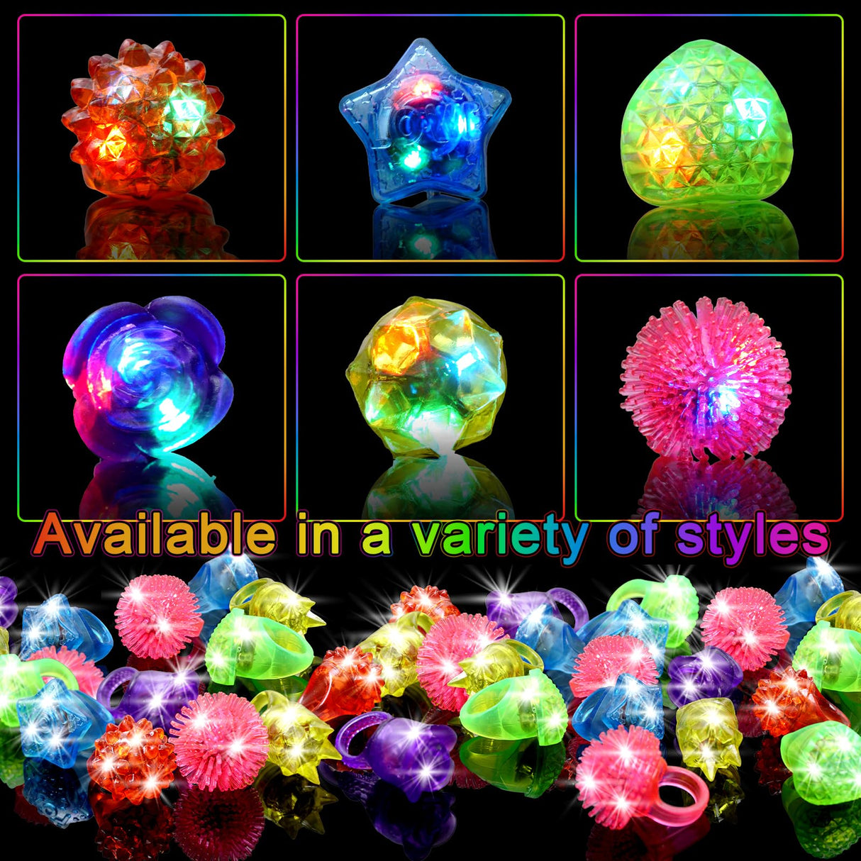 OLUPP 150 Pcs Light Up Rings, Glow In The Dark Party Supplies, 6 Style Flashing Glow In The Dark Rings for Adults & Kids, LED Ring for Birthday Party Favors, Concert, Raves, Halloween, Christmas