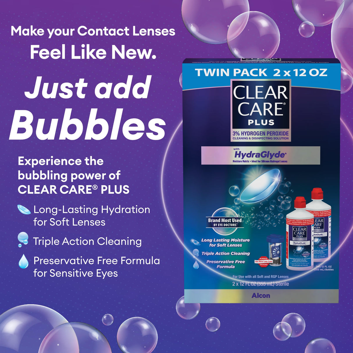 Clear Care Plus Cleaning Solution with Lens Case, Twin Pack, Multi, 12 Oz, Pack of 2