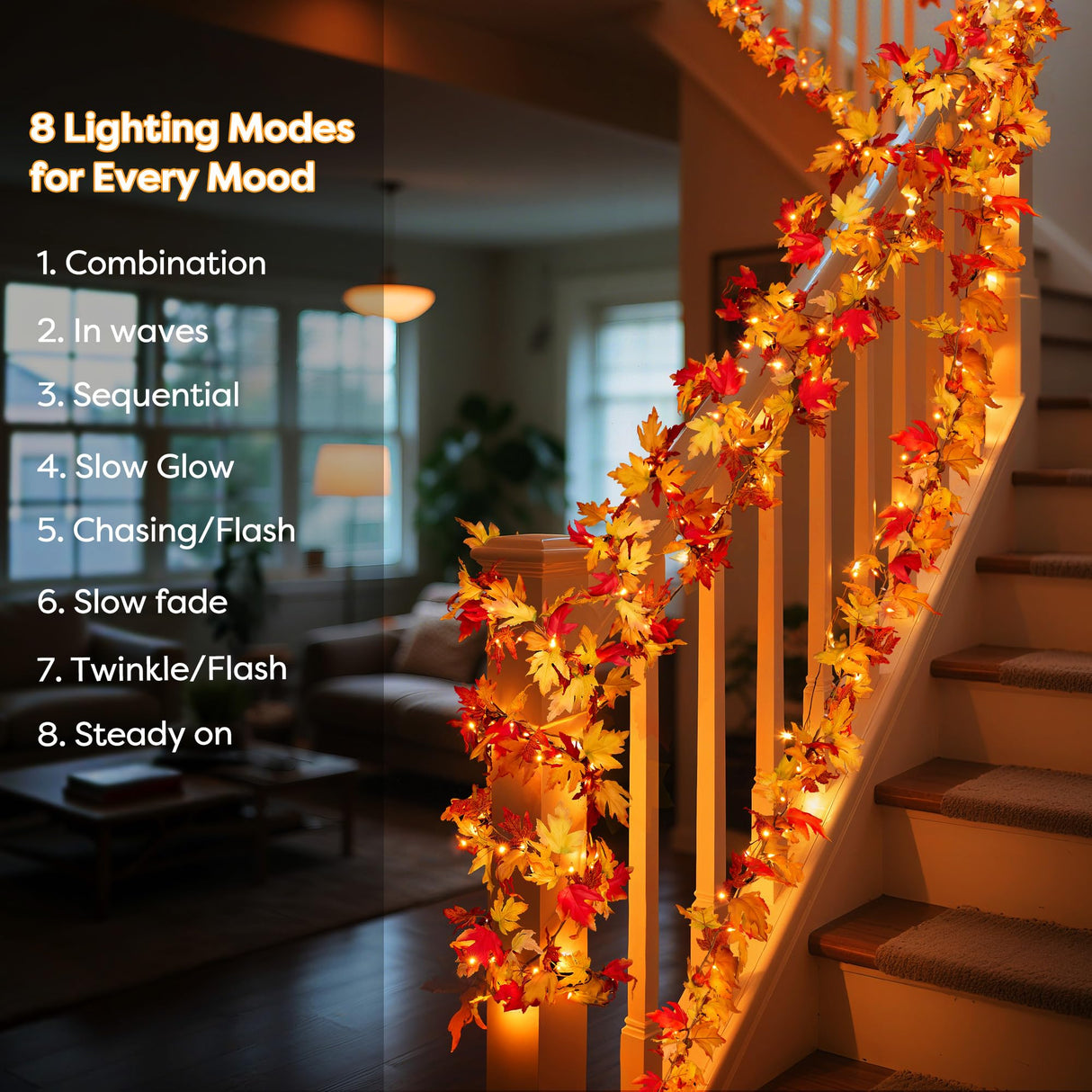 BlcTec Fall Decorations for Home 9 FT Battery Operated Fall Garland with Lights 50 LED Orange Bulbs, 6 Pumpkins, 8 Modes, Timer, Lighted Fall Maple Leaves Garland for Thanksgiving Christmas Decoration