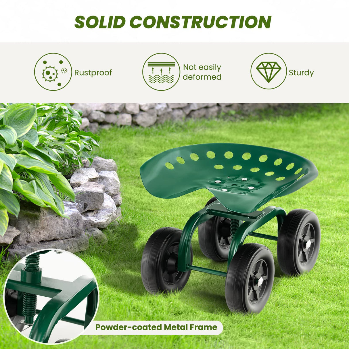 LDAILY Garden Seat with Wheels, Heavy-Duty Utility Stool Cart with Adjustable 11"-16" Height & 360° Rotatable, Rolling Garden Cart with Seat for Lawn Planting, Yard Work, Patio Gardening (Green)