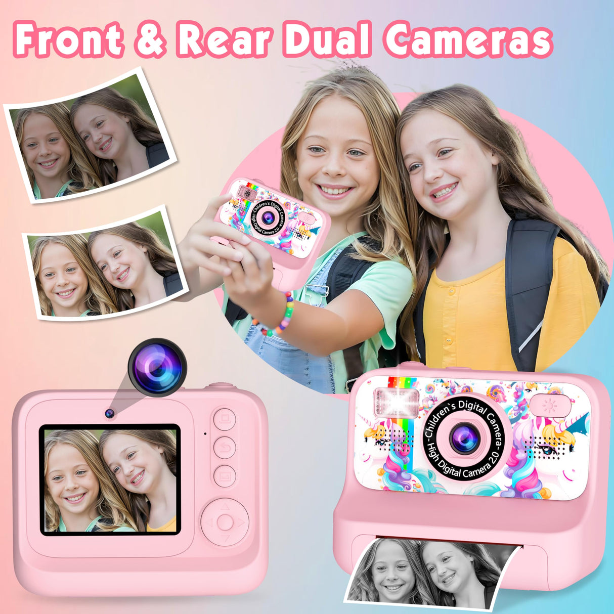 Kids Camera, Upgrade Kids Camera Instant Print, Front Rear Dual Selfie Digital CAM with 1080P Videos, Portable Travel Toy with Games and Music, Christmas Birthday Gift for Boys, Girls and Teens