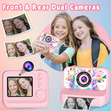 Kids Camera, Upgrade Kids Camera Instant Print, Front Rear Dual Selfie Digital CAM with 1080P Videos, Portable Travel Toy with Games and Music, Christmas Birthday Gift for Boys, Girls and Teens