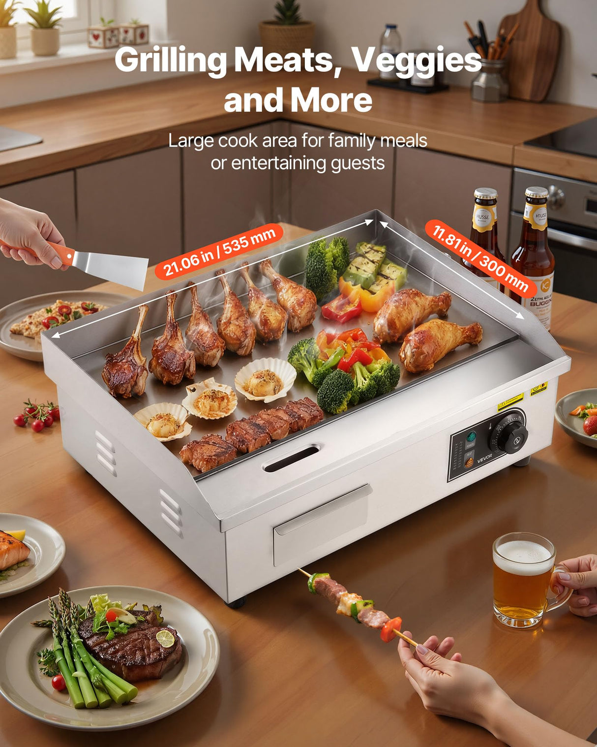 VEVOR Commercial Electric Griddle, 21.06 x 11.81 inch, 3200W, 122-570°F Adjustable Temp Control, Stainless Steel Body, Full Flat, with 2 Spatulas, 2 Brushes, and 4 Foot Pads, for Steak, Pancake