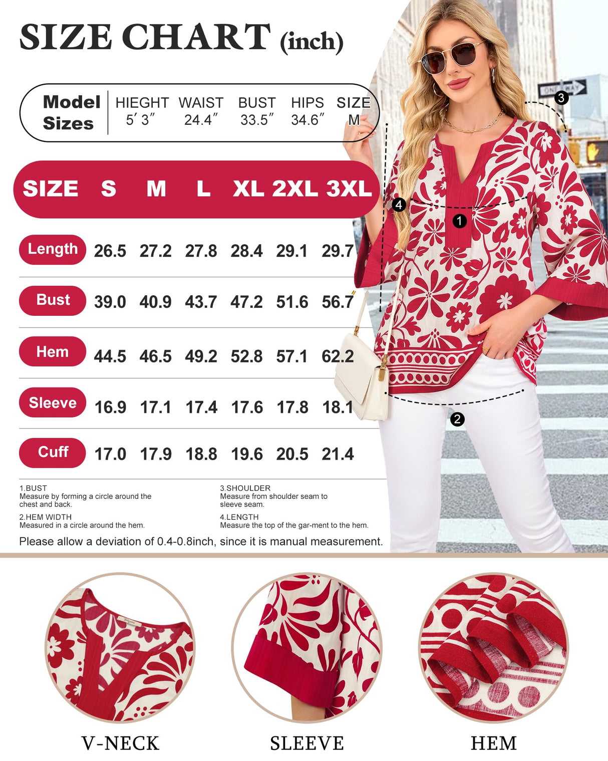 Bebonnie Office Tops for Women Work: 3/4 Sleeve V Neck Dressy Blouses for Women - Womens Blouses Dressy Casual Bell Sleeve Fall - Ladies Tunic Tops Plus Size for Holiday Christmas Multi Red XXL