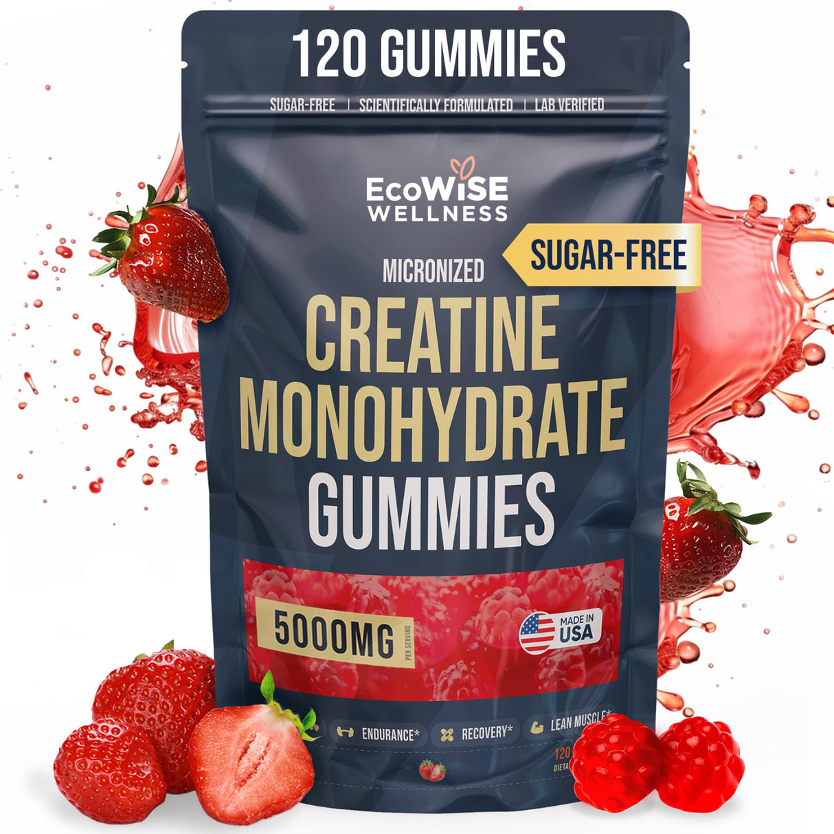 EcoWise Wellness Creatine Monohydrate Gummies 5000 mg, Strawberry Flavor, 120 Sugar-Free Vegan Chews, Creatine Supplement for Daily Routine