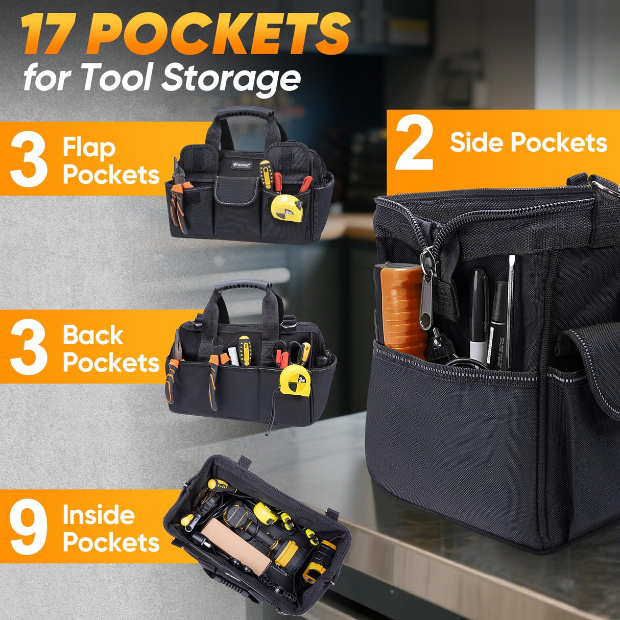 TICONN Heavy Duty Tool Bag with Multi-Pockets, Portable Tool Box Organizer Storage Bag, with Adjustable Shoulder Strap and Ergonomic Handle (Blue, 14" Standard Base)