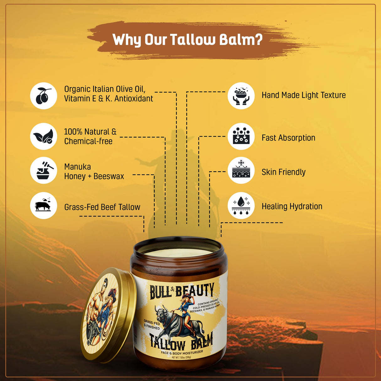 Bull & Beauty Organic Beef Tallow and Honey Balm 7.05oz Organic Beef Tallow for Skin - 100% Grass-Fed Unscented Beef Tallow Moisturizer for Skin & Face with Manuka Honey, Olive Oil & Beeswax