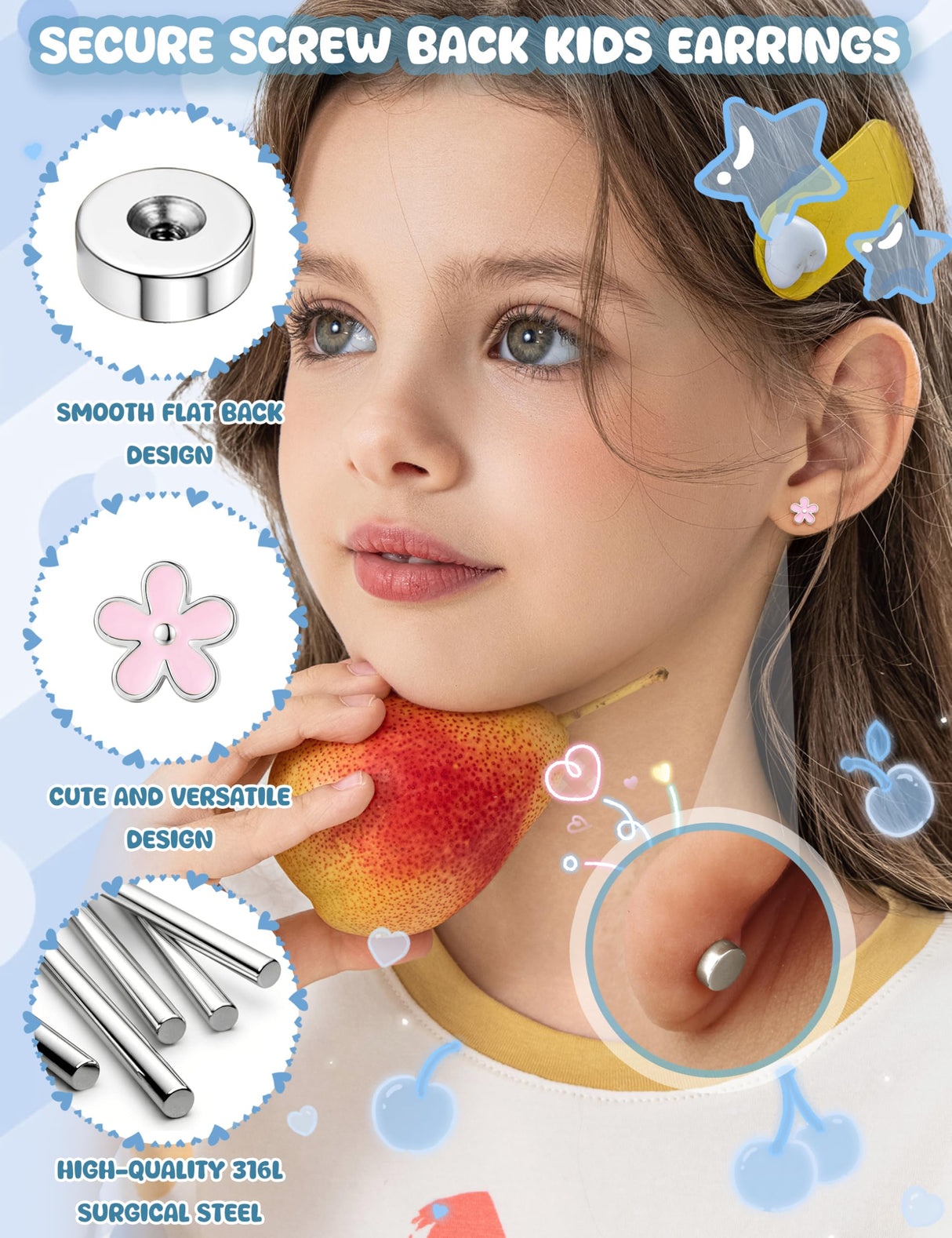 SAILIMUE Hypoallergenic Flat Back Earrings for Girls Kids Toddler Women