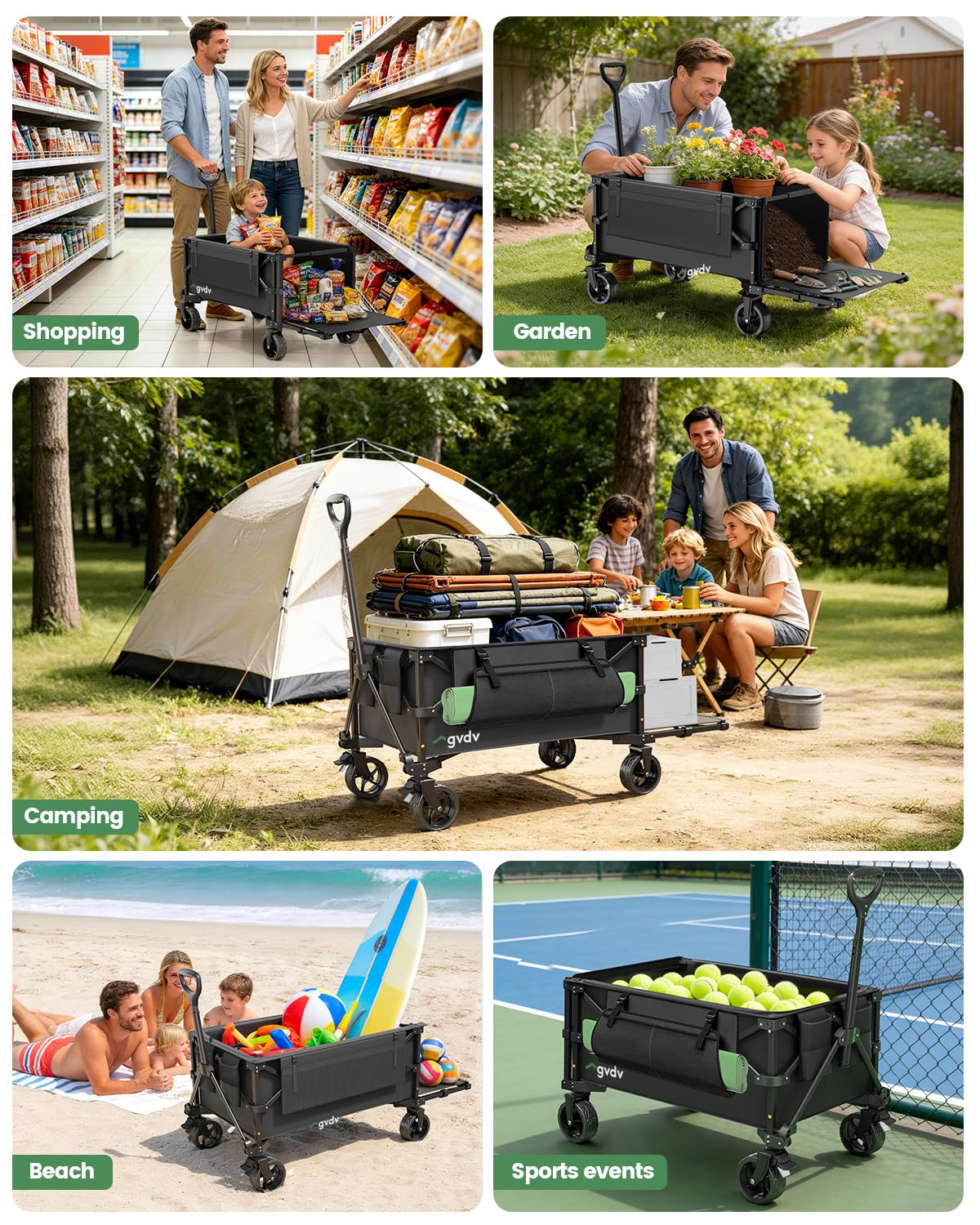 GVDV CW35 Plus Wagon Carts Foldable with Tailgate, 42 in Extended Handle