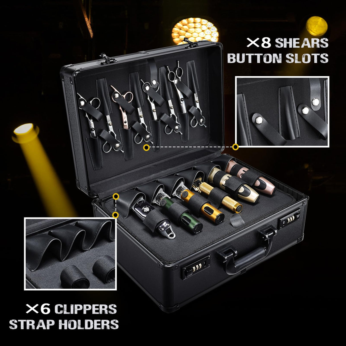 Barber Accessories Case, Profesional Barbers Briefcase Tool Case, Barber Cases for Clippers and Supplies, Hair Scissors Clippers Trimmer Organizer, Barbers Suitcase with Code Lock Black