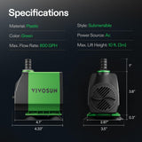 VIVOSUN 800GPH Submersible Fountain Water Pump for Pond, Aquarium, Statuary