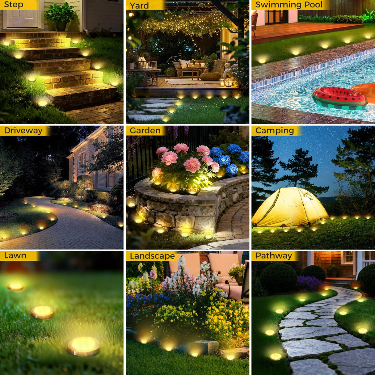 inkgear 6 Pack Solar Ground Lights Outdoor, 8 LED Mini Flat Solar Disc Lights, IP65 Waterproof Pathway Lights Solar Powered, Landscape Lighting for Garden Walkway Driveway Yard Lawn,Warm White