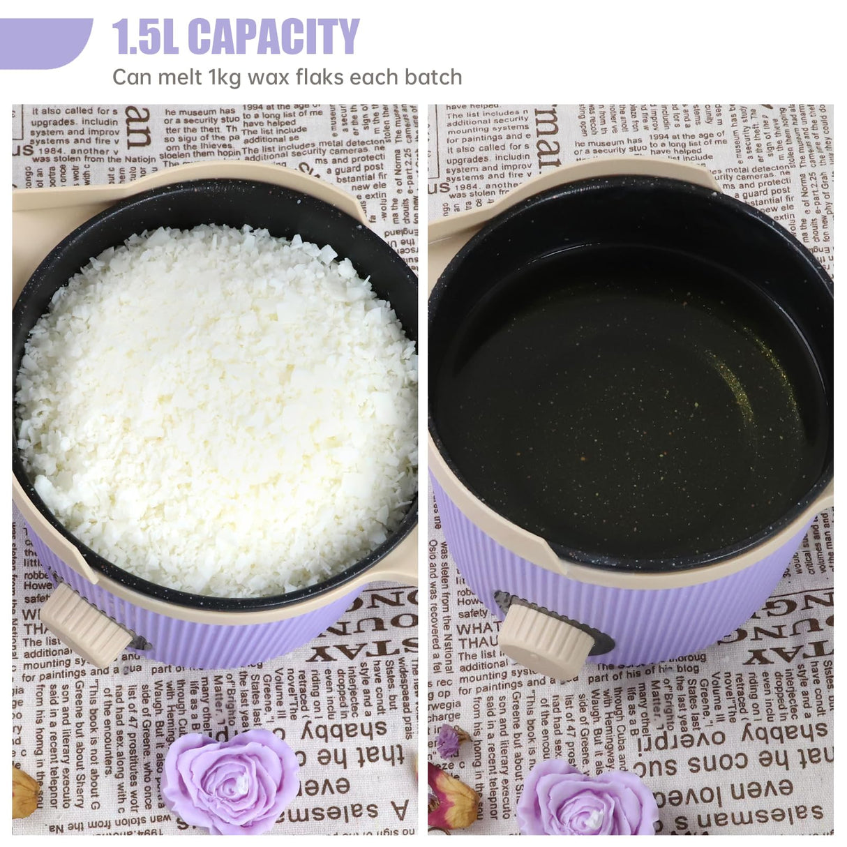 TOAUTO Handheld Candle Melting Pot 3Lbs Small Wax Melting Pot with Easy Pour Spout, Two Power Levels, Easy Clean Non-Stick for DIY Crafting Beginner Purple